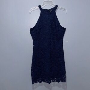 Lulus Lace Mini Dress Womens L Navy Blue Floral Halter Sleeveless Cocktail‎ Chic